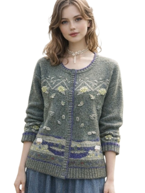Jessica Sweaters - Vintage Scenic Cottagecore Wool Cardigan Houses Popcorn Knit S